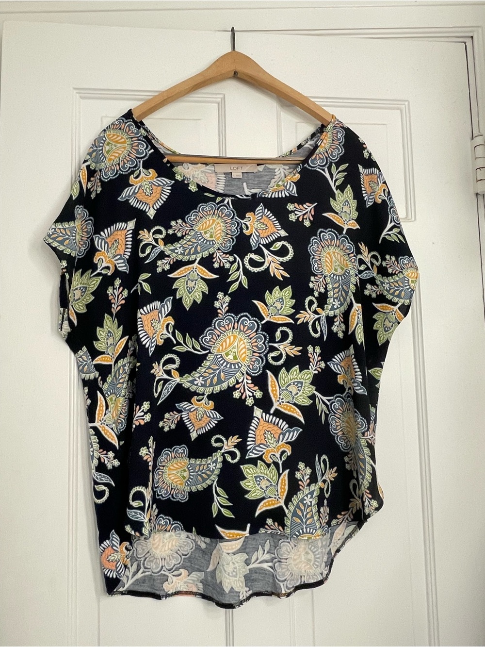 LOFT Navy Floral Paisley Short-Sleeve Top